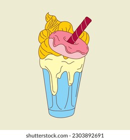 A milkshake with a strawberry and ice cream cone. Vector illustration isolated