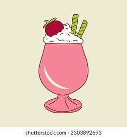  A milkshake with a strawberry and ice cream cone. Vector illustration isolated