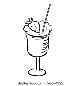 A milkshake with with strawberry and straw in the glass with a stem. Vector illustration. Doodle art. Freehand outline ink hand drawn picture object sketch. black and white logo.
