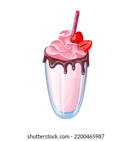 Milkshake with strawberry vector illustration. Cartoon isolated milk drink with whipped cream and strawberry, melting chocolate sauce on borders of glass and drinking straw, cold summer beverage