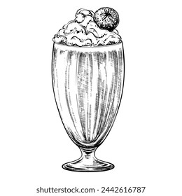 Milkshake with strawberry vintage vector sketch illustration