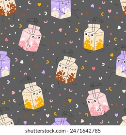 Milkshake sweets seamless pattern with funny mascot characters. Kawaii cartoon hand drawn doodle in colorful palette. Ideal for baby design, prints, packaging, textiles. Creative nursery background