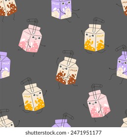 Milkshake sweets seamless pattern with funny mascot characters. Kawaii cartoon hand drawn doodle in colorful palette. Ideal for baby design, prints, packaging, textiles. Creative nursery background