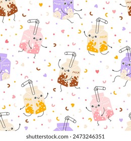 Milkshake sweets seamless pattern with funny mascot characters. Kawaii cartoon hand drawn doodle in colorful palette. Ideal for baby design, prints, packaging, textiles. Creative nursery background