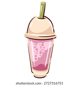 Milkshake in tall takeaway cup with straw, classic American diner drink, creamy dessert beverage, retro fast food culture and USA travel theme, cartoon vector illustration