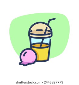 Milkshake thin line icon. Ice cream scoop, takeaway cold drink, plastic glass and straw. Food and dessert concept. Vector illustration symbol element for web design and apps