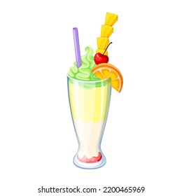 Milkshake with tropical fruit vector illustration. Cartoon isolated milk drink with fruity layers of different flavor, pineapple, cherry and orange slice, glass with cocktail, ice and drinking straw