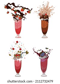 Milkshake vector illustration collection, strawberry blueberry chocolate cherry cream splash  hand drawing 