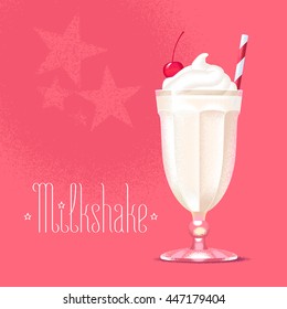 Milkshake vector illustration, design element. Isolated cartoon glass and straw with milk shake and ice cream