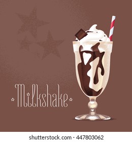 Milkshake vector illustration, design element. Isolated cartoon glass and straw with chocolate milk shake and ice cream