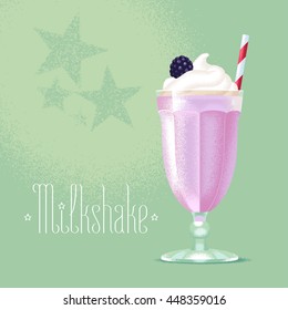 Milkshake vector illustration, design element. Isolated cartoon glass and straw with blackberry, blueberry fruit milk shake and ice cream