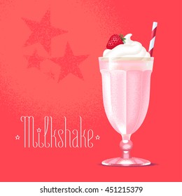 Milkshake vector illustration, design element. Isolated cartoon glass and straw with pink strawberry milk shake and ice cream