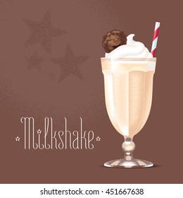 Milkshake vector illustration, design element. Isolated cartoon glass and straw with chocolate, caramel milk shake and ice cream