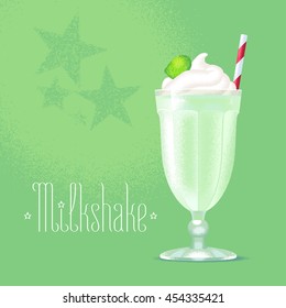 Milkshake vector illustration, design element. Isolated glass and straw with green milk shake and ice cream