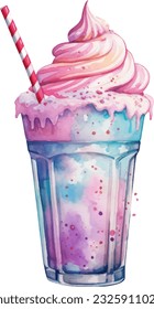 Milkshake  Watercolor illustration. Hand drawn underwater element design. Artistic vector marine design element. Illustration for greeting cards, printing and other design projects.