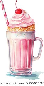 Milkshake  Watercolor illustration. Hand drawn underwater element design. Artistic vector marine design element. Illustration for greeting cards, printing and other design projects.