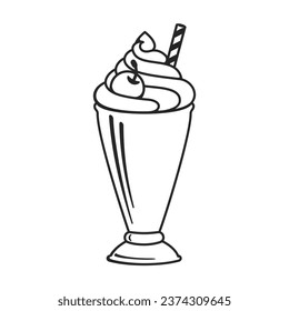 Milkshake with whipped cream and cherry on top in a retro milk bar dessert glass as a vector outline illustration