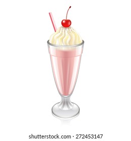 Milkshake with whipped cream and cherry photo-realistic vector 