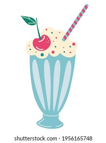 Milkshake with whipped cream and cherry. Smoothie, cocktail. Vector illustration of old fashioned milkshake cocktail with whipped cream and cherry on top. Summer drinks. Cartoon vector illustration