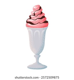 Milkshake with whipped cream and chocolate. Cherry or strawberry milk shake glass. Refreshing summer pink cocktail. Flat vector illustration in a cartoon style illustration.