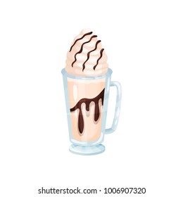 Milkshake with whipped cream and chocolate syrup, refreshment beverage in glass cup cartoon vector Illustration