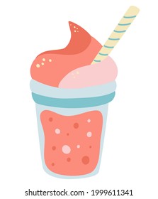 Milkshake with whipped cream. Delicious sweet cocktail with a straw on the top. Perfect for restaurants cafes bars and menu. Vector illustration isolated on a white background