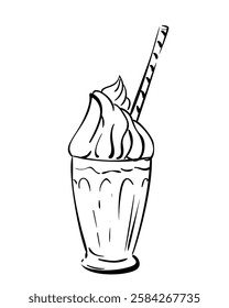 Milkshake with whipped cream hand drawn illustration isolated, Delicious dessert drink in a glass vector sketch monochrome black line on white background