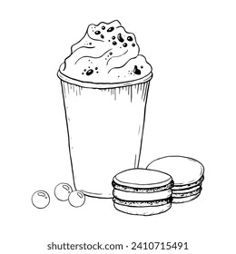 Milkshake con crema batida, galletitas macarons y caramelos redondos con ilustración vectorial en blanco y negro. Bebé frío de verano en taza de plástico con delicioso postre