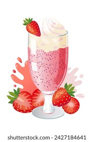 Milkshake with whipped cream and strawberries in glass. Sweet food, dessert. Summer cocktail