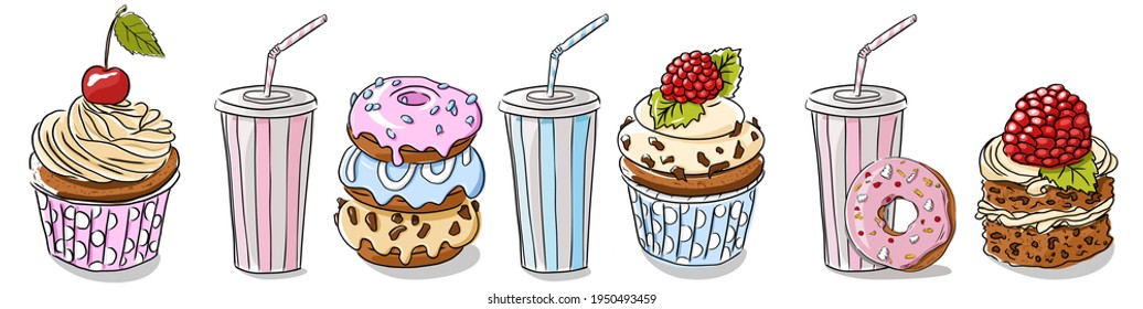 Milkshake,cake and donut illustration. A doodle-style banner.  Dessert banner. Homemade white cake. Donut isolated.  Dessert set. Poster with sweets, no diet day, national doughnut day