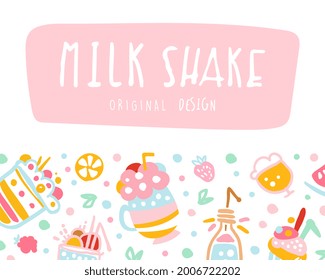 Milkshakes Banner, Delicious Healthy Ice Cream Drinks and Fresh Milk Beverages Seamless Pattern Vector Illustration