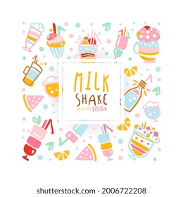 Milkshakes Banner with Delicious Tasty Desserts Seamless Pattern Vector Illustration