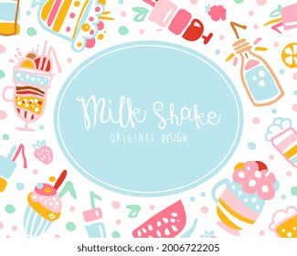 Milkshakes Banner Original Design with Healthy Ice Cream Drinks and Fresh Milk Beverages Seamless Pattern Vector Illustration