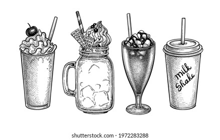 Milkshakes. Beverages set. Ink sketch isolated on white background. Hand drawn vector illustration. Retro style.