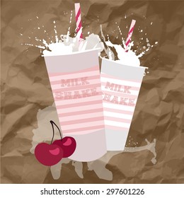 milkshakes with cherry and milk splash/craft paper backgrounds/vector