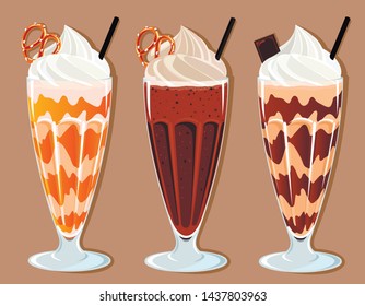 milkshakes cocktails set vector illustration caramel milkshake chocolate milkshake and milkshake with chocolate