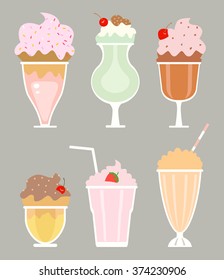 milkshakes with cream, berries, vector art.