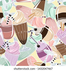 Milkshakes drawn vector seamless pattern. For menus, flyers, cafes, restaurants, catering, cookbooks kitchen textiles, covers. Milkshake, cappuccino, smoothies, coffee Glasse, cocoa.