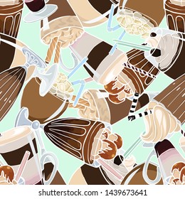 Milkshakes drawn vector seamless pattern. For menus, flyers, cafes, restaurants, catering, cookbooks kitchen textiles, covers. Milkshake, cappuccino, coffee Glasse, cocoa.