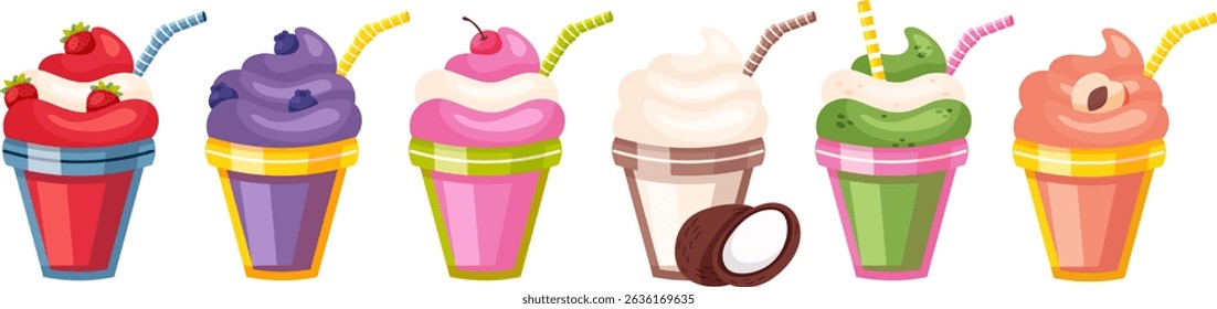 Milkshakes fruit cocktails and smoothie cartoon vector illustration set. Different flavor milk cocktails with straws in glasses. Creamy beverage with toppings, sweet dessert, refreshing summer treats