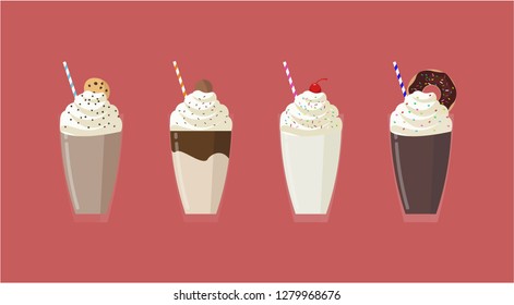 Milkshakes in glasses decorated with cookie, chocolate, cherry, donut, candies and cream flat vector illustration set.