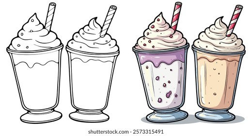 Milkshakes Line Art Vector Illustration Black and White with Coloring Sample. Bold and Easy Food, Sweets, Drinks, Dessert, and Snacks Coloring Pages for Adults and Kids.