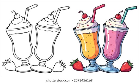 Milkshakes Line Art Vector Illustration Black and White with Coloring Sample. Bold and Easy Food, Sweets, Drinks, Dessert, and Snacks Coloring Pages for Adults and Kids.