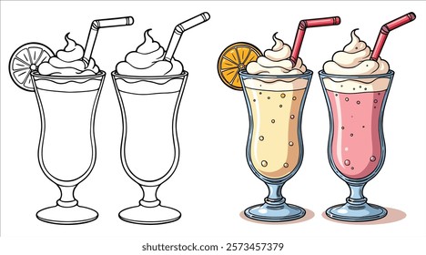 Milkshakes Line Art Vector Illustration Black and White with Coloring Sample. Bold and Easy Food, Sweets, Drinks, Dessert, and Snacks Coloring Pages for Adults and Kids.