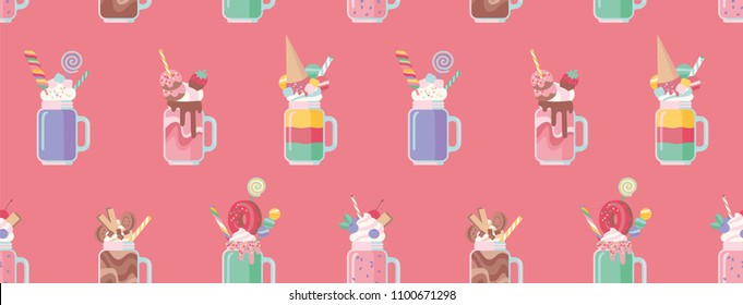 Milkshakes seamless pattern. Cartoon style. Vector illustration.