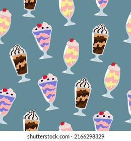 Milkshakes seamless pattern. Cartoon summer desserts with cream on blue background. Vector illustration