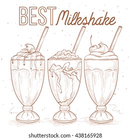 Milkshakes sketch set. Fast food restaurant, menu. Hand drawn dessert. Vector illustration.