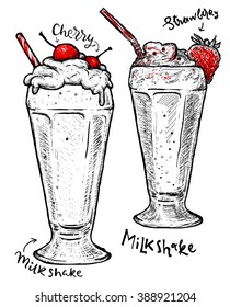 Milkshakes with strawberry and cherry, cream isolated. Vector dessert of different hand drawn food. 