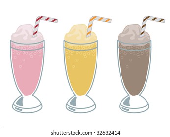 milkshakes in tall glasses with straws, strawberry, banana and chocolate