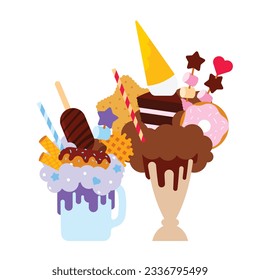 Milkshakes. Two big chocolate cocktails with diversy sweets - slice of cake, waffle, ice cream, doughnut, candy, marshmallow, chocolate, toffee. Huge oversized desserts in drink glass. Isolated